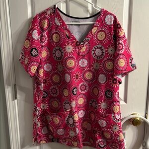 Med Couture Pink and Yellow Patterned Short Sleeve Top